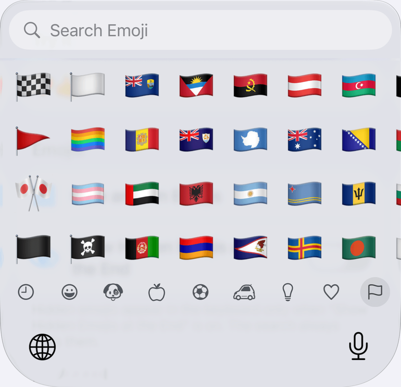 The Tidymoji keyboard in the Flags category. The category bar ends with a crossed-out eye, the Hidden section.