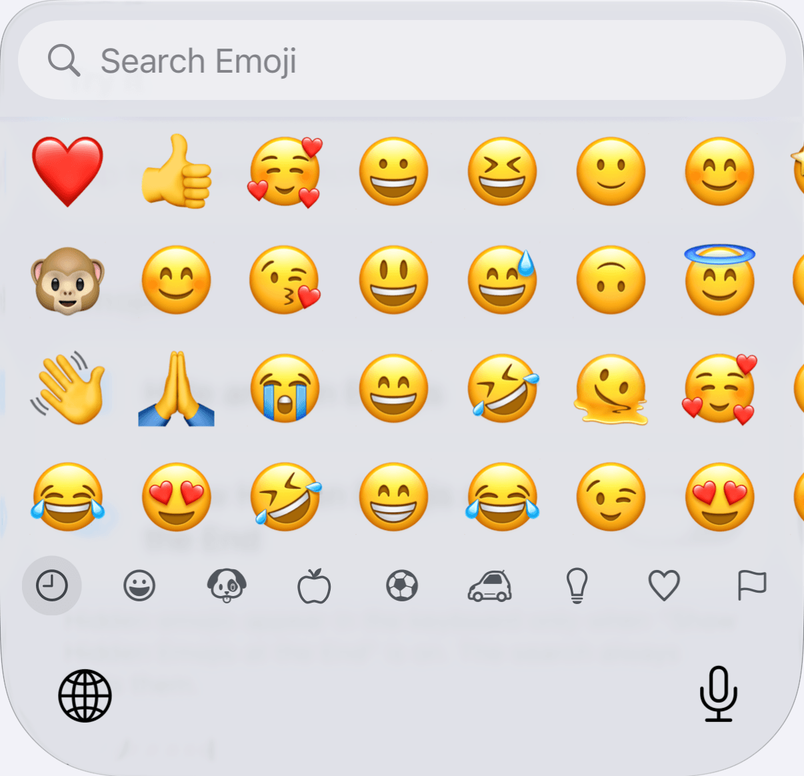 The Tidymoji keyboard: a search field, four rows of emojis, and a category bar that ends with the Hidden section.